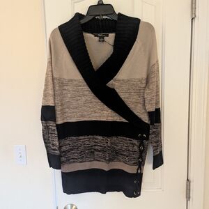 Beautiful brown and black striped sweater with shawl color and side laces, Lrg